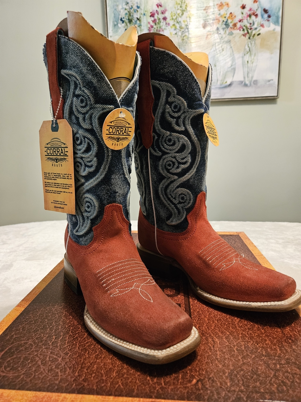 Women's Corral Denim & Red Suede Square Toe Western Boots Size 6